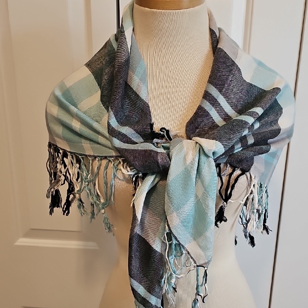 Divided Checkered Fringe Scarf - Blue and Black. 35" Square. By Divide